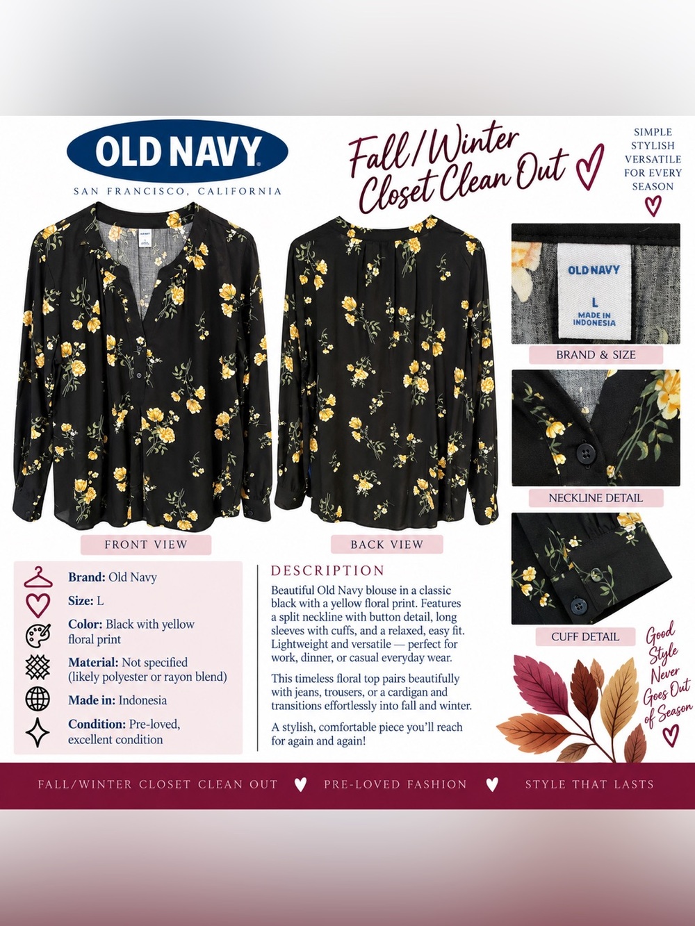 Old Navy Black Floral Split-Neck Blouse with Yellow Blossoms